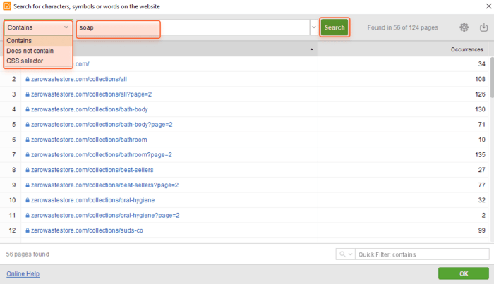 custom search for specific URLs in WebSite Auditor