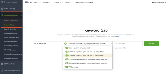 Keyword gap dashboard