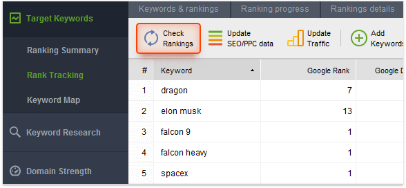 Checking rankings again in the Rank Tracking module